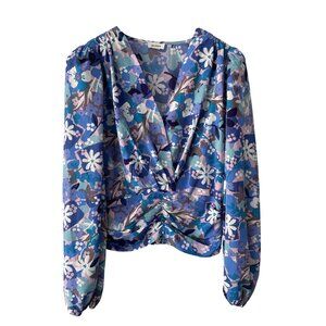 Audele Blouse Size Large Floral Surplice Neck Smocked Hem Purple Blue Boho Chic